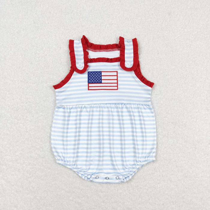 SR1210 Flag Embroidery Stripes Baby Girls 4th of July Sleeveless Romper