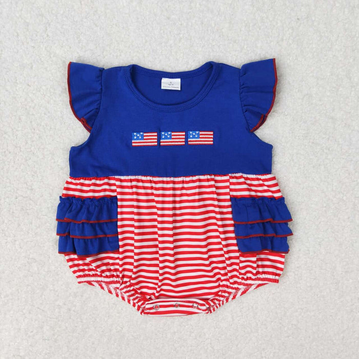 SR1211 Flag Embroidery Stripes Baby Girls 4th of July Ruffle Romper