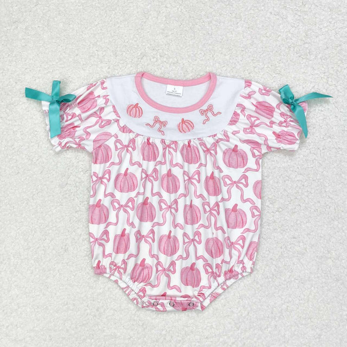 SR1904  Pumpkin Bows Embroidery Pink Baby Girls Fall Romper