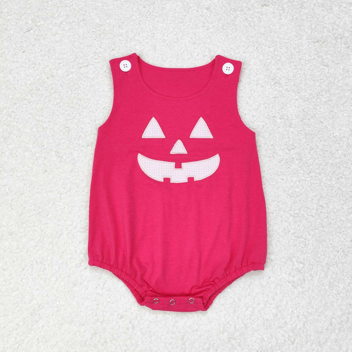 SR1925 Smiling Face Embroidery Hot Pink Cotton Baby Girls Halloween Bubble Romper