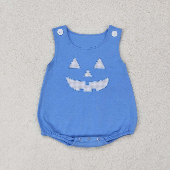 SR1926 Smiling Face Embroidery Blue Cotton Baby Boys Halloween Bubble Romper