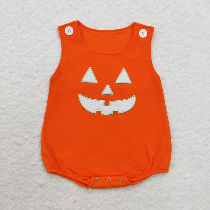 SR1937 Smiling Face Embroidery Orange Cotton Baby Halloween Bubble Romper
