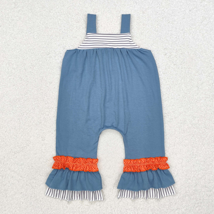 SR1952 Turkey Embroidery Blue Baby Girls Thanksgiving Ruffle Strap Jumpsuits