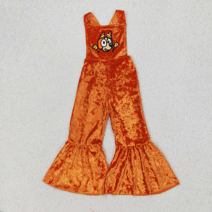 SR2444 Cartoon Dog Embroidery Orange Velvet Baby Girls Strap Overall Jumpsuits