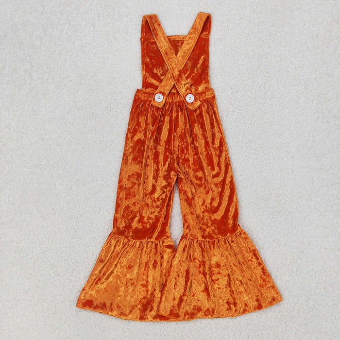 SR2444 Cartoon Dog Embroidery Orange Velvet Baby Girls Strap Overall Jumpsuits