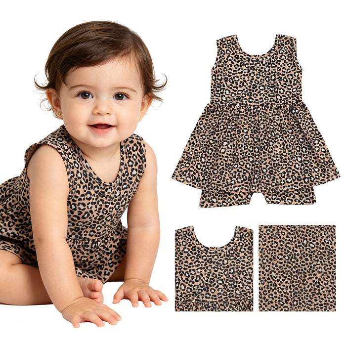 SR3070 Leopard Girls Zipper Skirted Jumpsuits Baby Summer Romper
