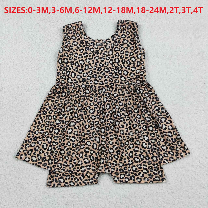 SR3070 Leopard Girls Zipper Skirted Jumpsuits Baby Summer Romper