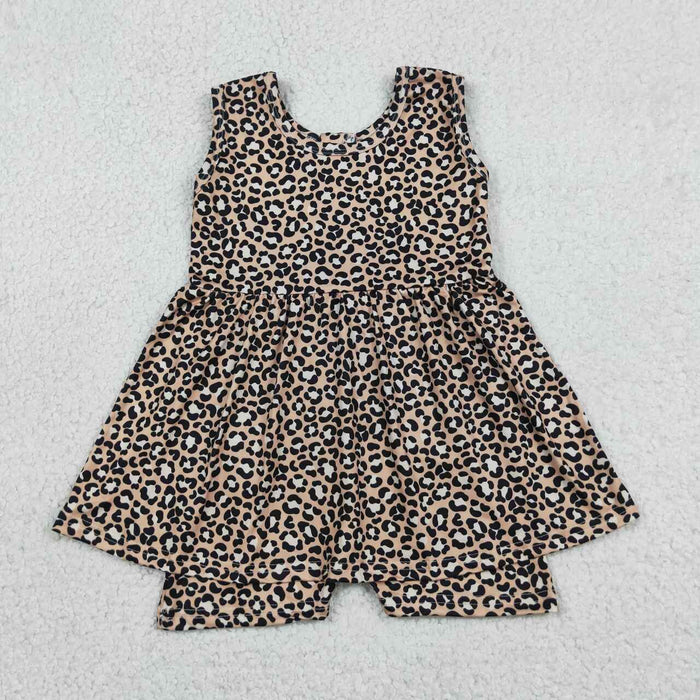 SR3070 Leopard Girls Zipper Skirted Jumpsuits Baby Summer Romper