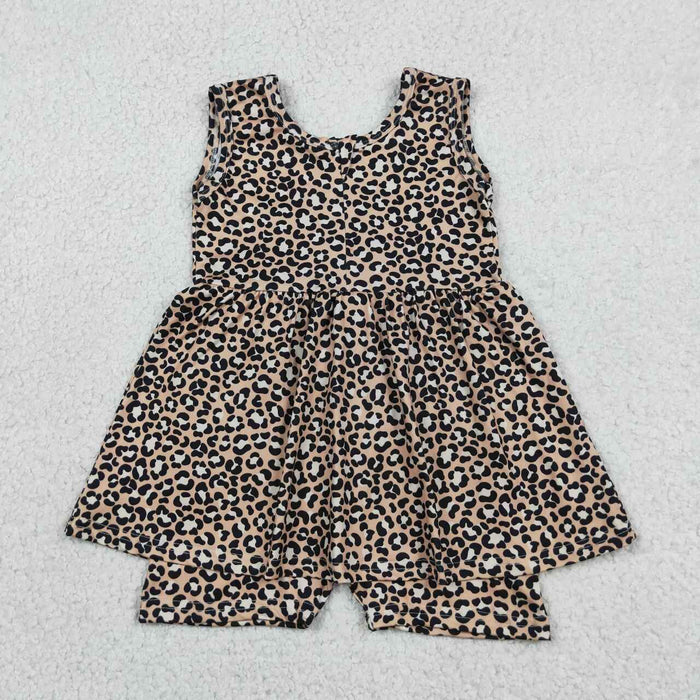 SR3070 Leopard Girls Zipper Skirted Jumpsuits Baby Summer Romper