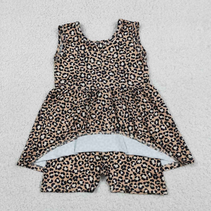 SR3070 Leopard Girls Zipper Skirted Jumpsuits Baby Summer Romper
