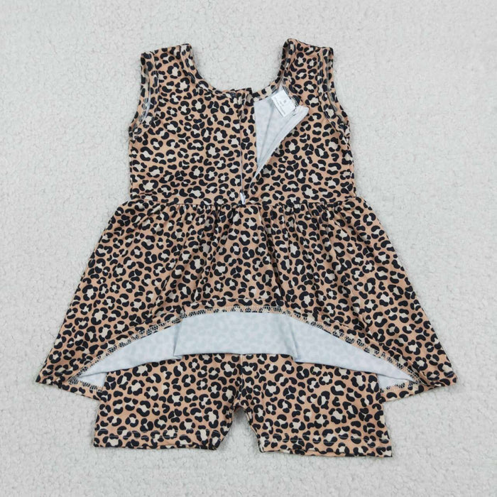 SR3070 Leopard Girls Zipper Skirted Jumpsuits Baby Summer Romper