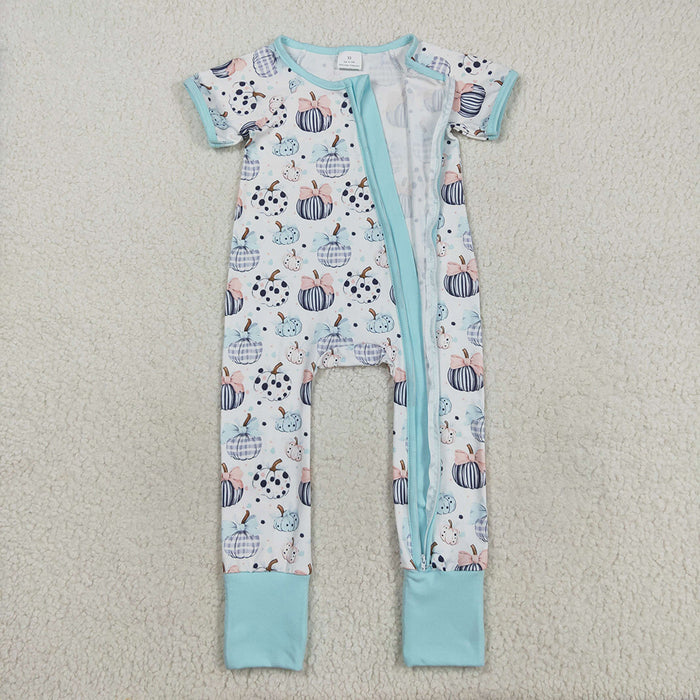 SR3109 Pumpkin Bows Blue Print Baby Girls Fall Zipper Sleeper Romper