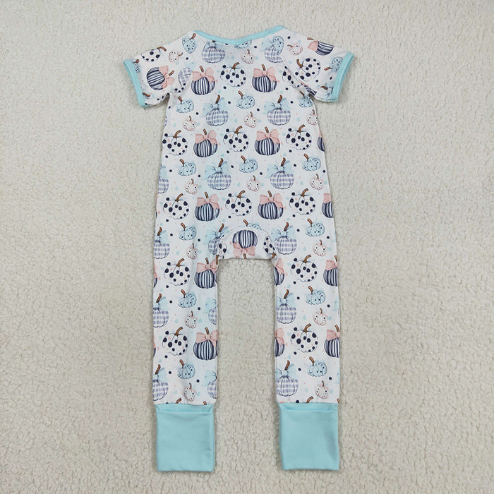 SR3109 Pumpkin Bows Blue Print Baby Girls Fall Zipper Sleeper Romper