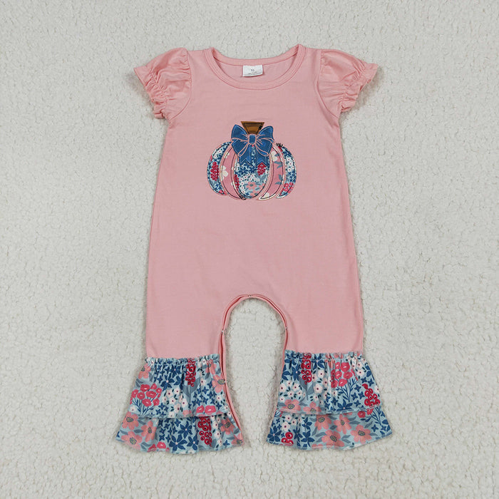 SR3112 Pumpkin Embroidery Flowers Ruffles Baby Girls Fall Romper