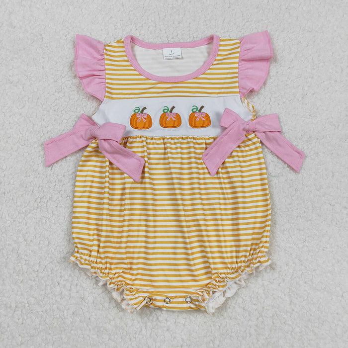 SR3125 Pumpkin Bows Embroidery Stripes Baby Girls Fall Romper
