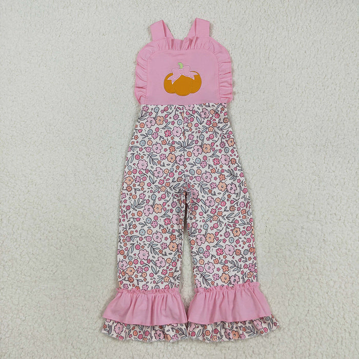 SR3176 Pumpkin Embroidery Flowers Pink Baby Girls Fall Strap Jumpsuits