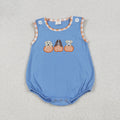 SR3190 Dog Pumpkin Embroidery Blue Baby Boys Sleeveless Romper