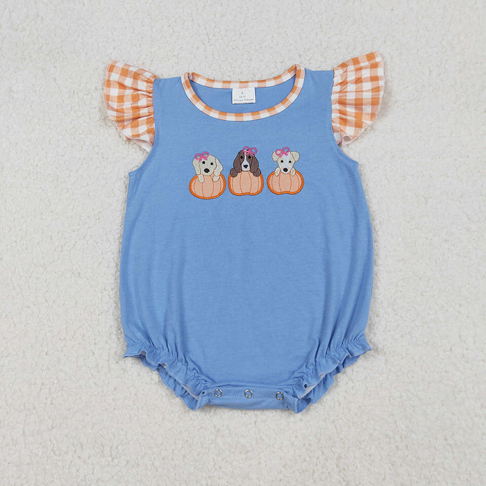 SR3191 Dog Pumpkin Embroidery Blue Baby Girls Romper