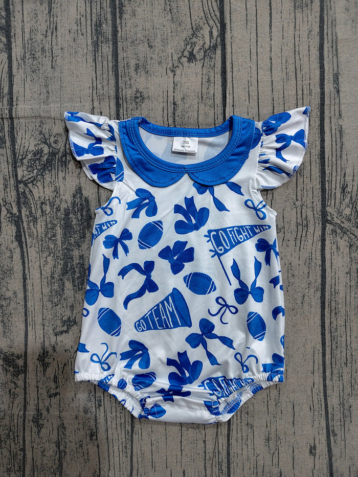 SR3192 Preorder Go Team Bows Cheer Blue Print Baby Girls Doll Collar Romper
