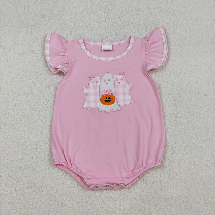 SR3196 Ghost Pumpkin Embroidery Pink Baby Girls Halloween Romper