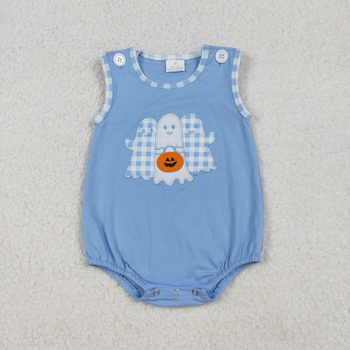 SR3197 Ghost Pumpkin Embroidery Blue Baby Boys Halloween Romper