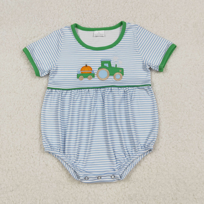 SR3201 Tractor Pumpkin Embroidery Stripes Baby Boys Fall Romper