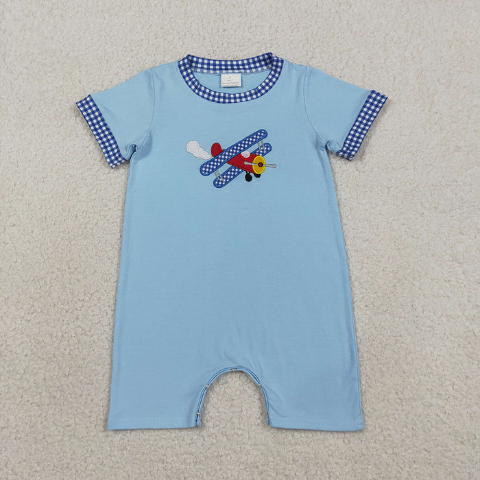 SR3543 Boys’ Blue Airplane Embroidery Short Sleeve Romper