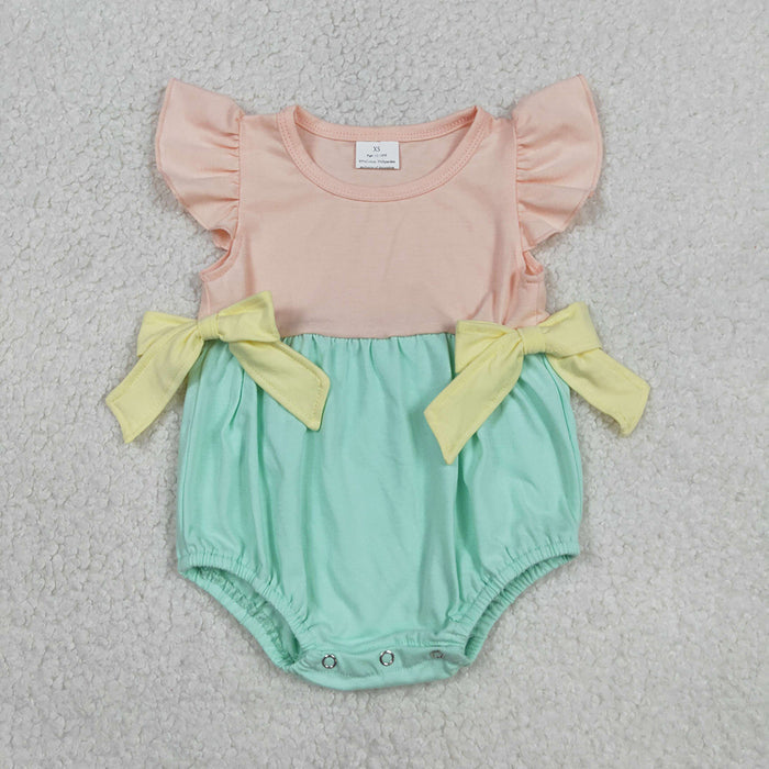 SR3662 Pink Green Cotton Baby Girls Summer Flutter Sleeve Romper