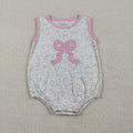 SR3727 Pink Floral Sleeveless Romper with Bow Embroidery - Girls