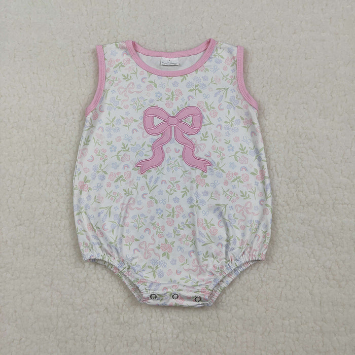SR3727 Pink Floral Sleeveless Romper with Bow Embroidery - Girls