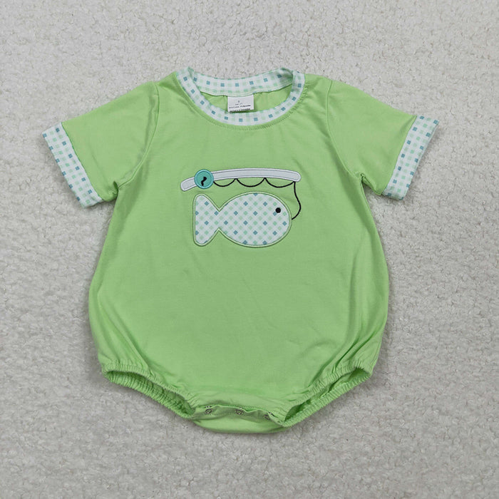 SR3750 Fishing Embroidery Plaid Print Green Baby Boys Summer Romper