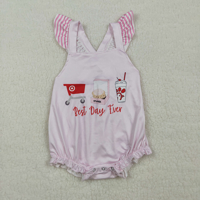 SR3780 "Best Day Ever" Pink Striped Ruffle Strap Baby Girls Summer Romper