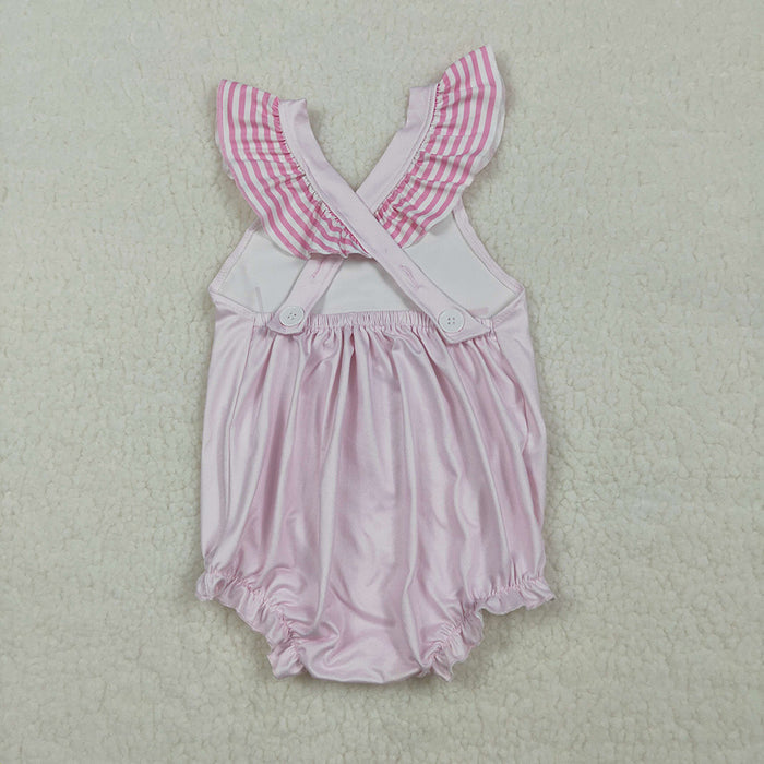 SR3780 "Best Day Ever" Pink Striped Ruffle Strap Baby Girls Summer Romper