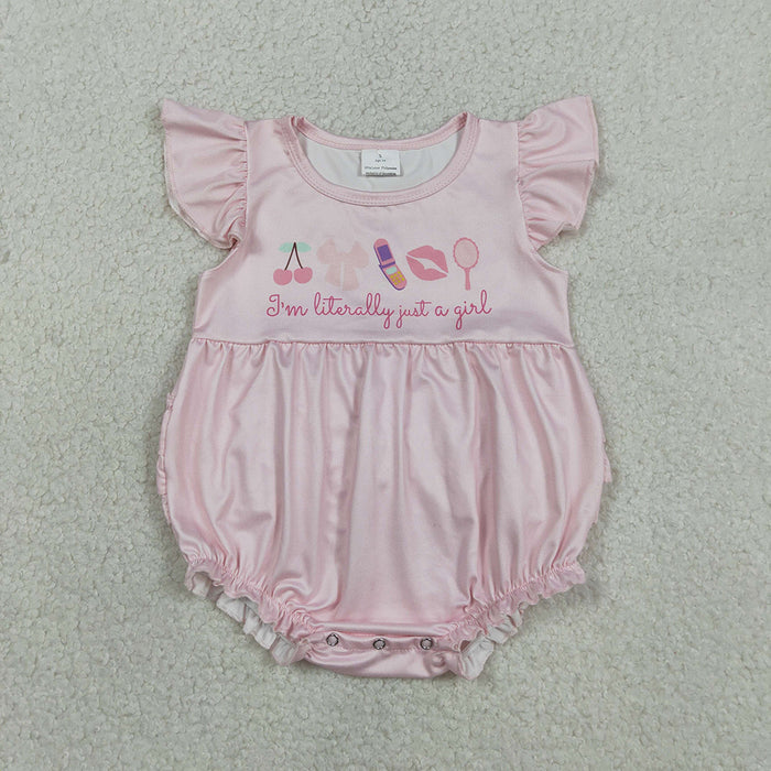 SR3825 Cherry Bows I'm Just a Girl Pink Print Baby Girls Flutter Sleeve Ruffles Summer Romper