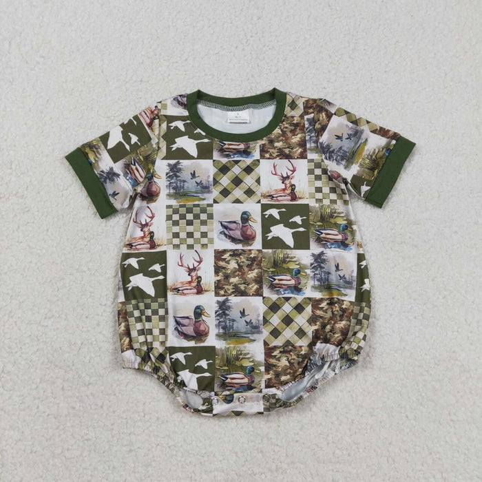 SR3837 Baby Boys Mallard Duck Hunging Deer Short Sleeve Bubble Romper
