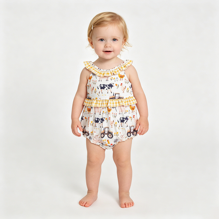 SR3848 Farm Animals Tractor Print Baby Girls Summer Sleeveless Romper