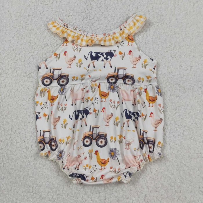 SR3848 Farm Animals Tractor Print Baby Girls Summer Sleeveless Romper