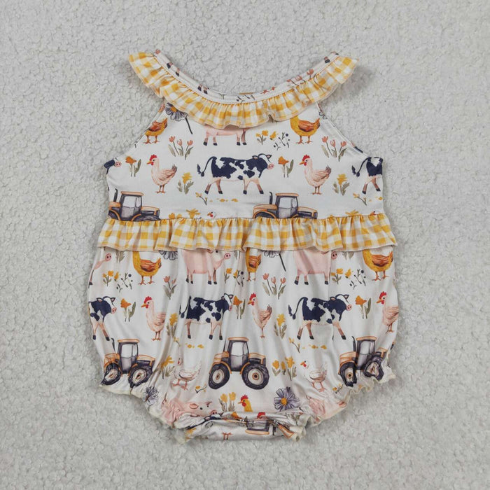 SR3848 Farm Animals Tractor Print Baby Girls Summer Sleeveless Romper
