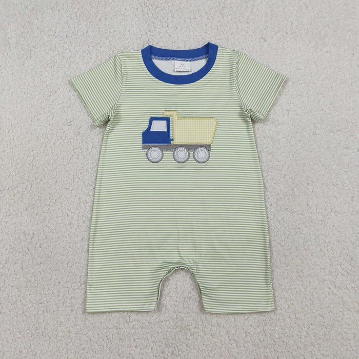 SR3893  Dump Truck Embroidery Stripes Print Baby Boys Summer Romper
