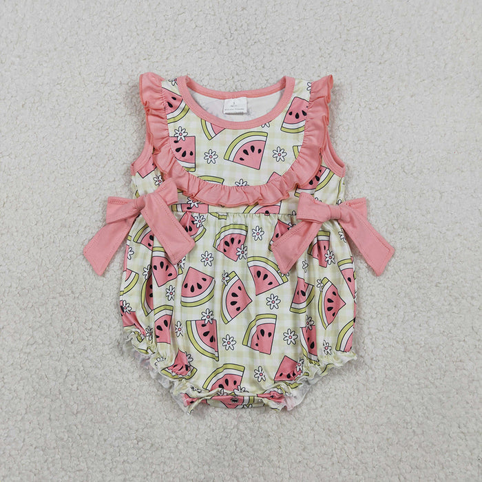 SR3920 Watermelon Flowers Print Baby Girls Summer Ruffle Sleeveless Summer