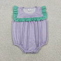 SR3942 Purple Striped Romper with Green Ruffle Sleeveless - Girls
