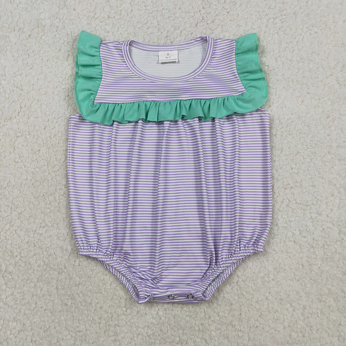 SR3942 Purple Striped Romper with Green Ruffle Sleeveless - Girls