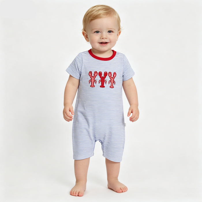 SR4007 Crayfish Embroidery Stripes Print Baby Boys Summer Romper