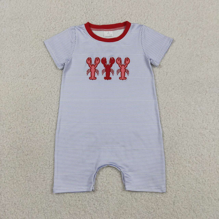 SR4007 Crayfish Embroidery Stripes Print Baby Boys Summer Romper