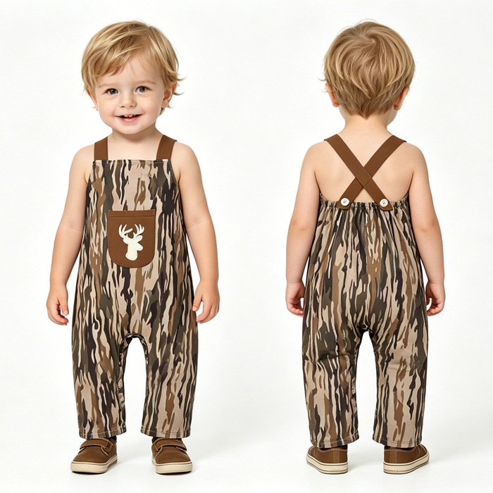 SR4048 Deer Embroidery Pocket Camo Print Baby Boys Summer Strap Romper