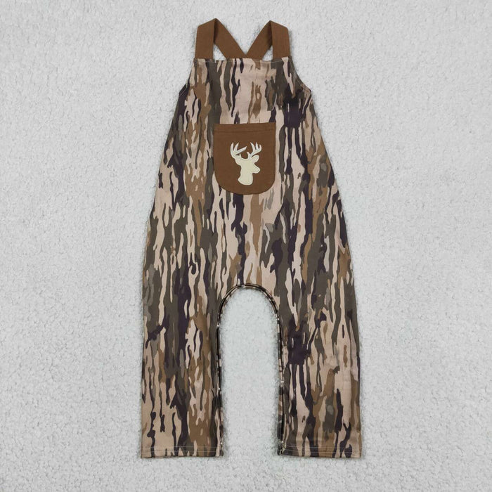 SR4048 Deer Embroidery Pocket Camo Print Baby Boys Summer Strap Romper
