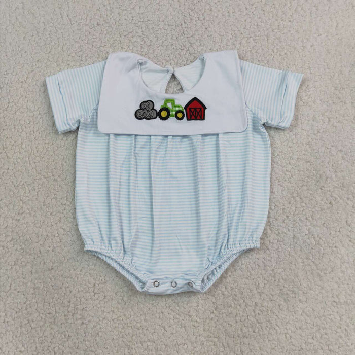 SR4075 Farm Tractors Embroidery Blue Stripes Baby Boys Short Sleeve Romper