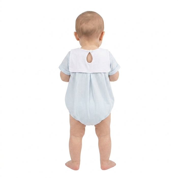 SR4075 Farm Tractors Embroidery Blue Stripes Baby Boys Short Sleeve Romper