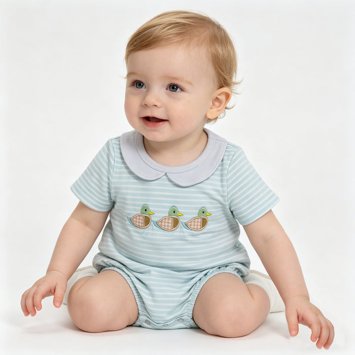 SR4081 Duck Embroidery Stripes Print Baby Boys Summer Doll Collar Romper