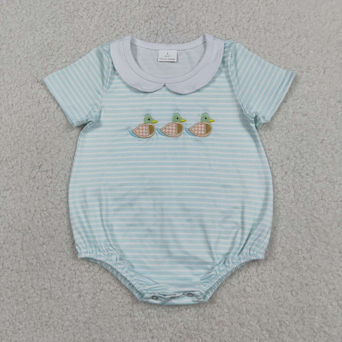 SR4081 Duck Embroidery Stripes Print Baby Boys Summer Doll Collar Romper